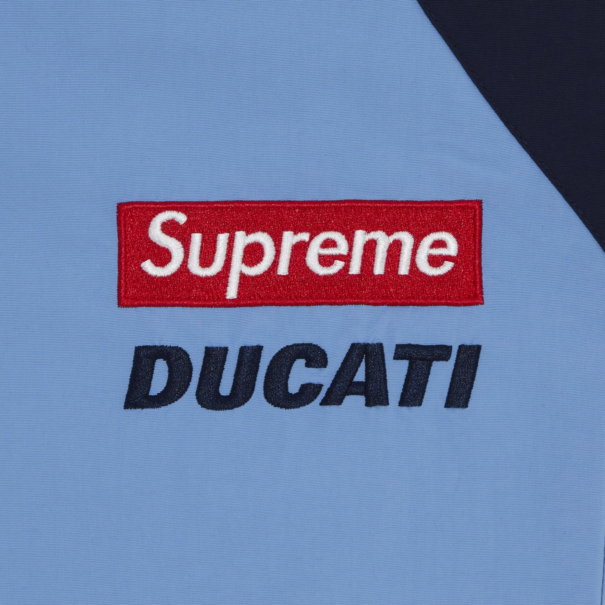 Detail view of Supreme x Ducati Light Blue Track Pants SS24P45_LIGHT_BLUE